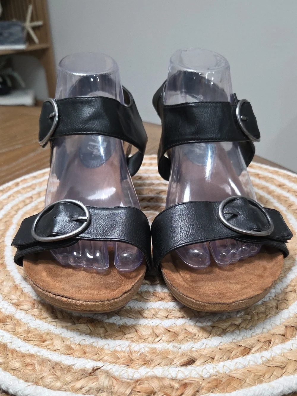Vintage 7 Eight Black Double Buckle Comfort Wedge, Size 10